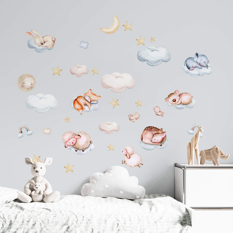 Kinderzimmer Wandtattoo Auf Wolken schlafende Tiere mit Mond und Sternen (31-teilig) - Kvilis 