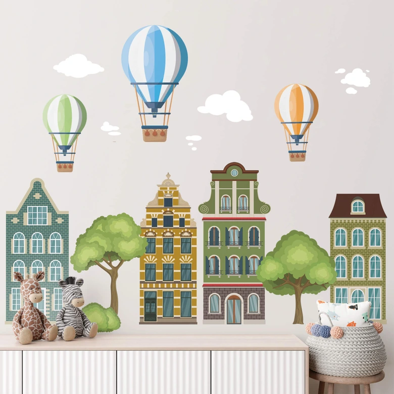 Wallsticker Farverige huse sæt 02 (7 stk.) 