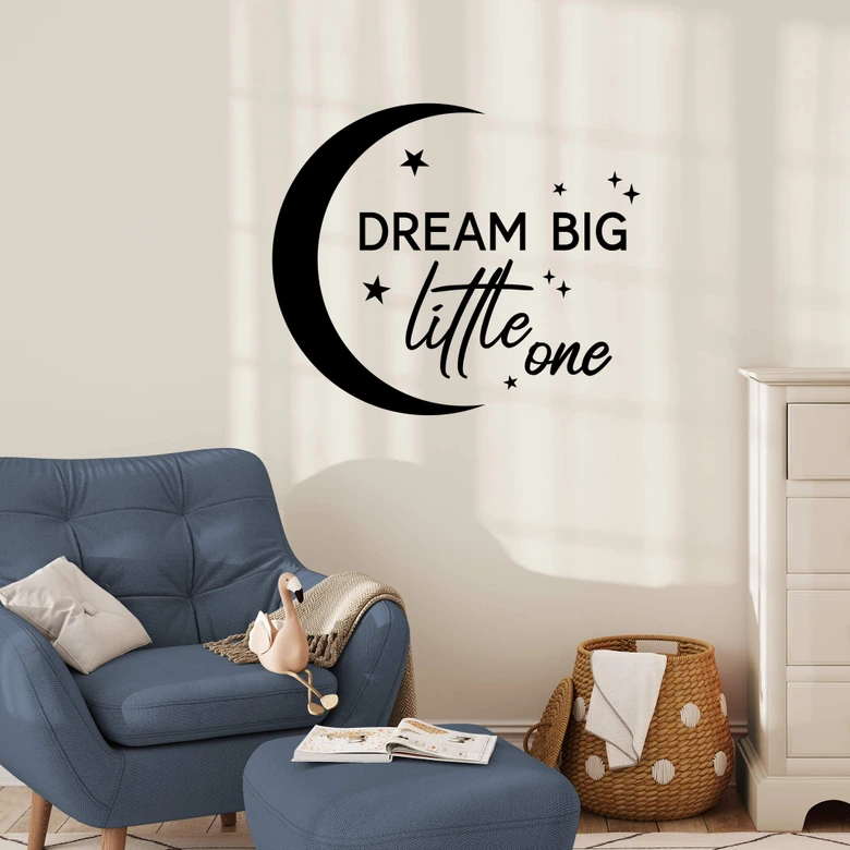 Wandtattoo Spruch - Dream big little one - mit Mond und Sternen 