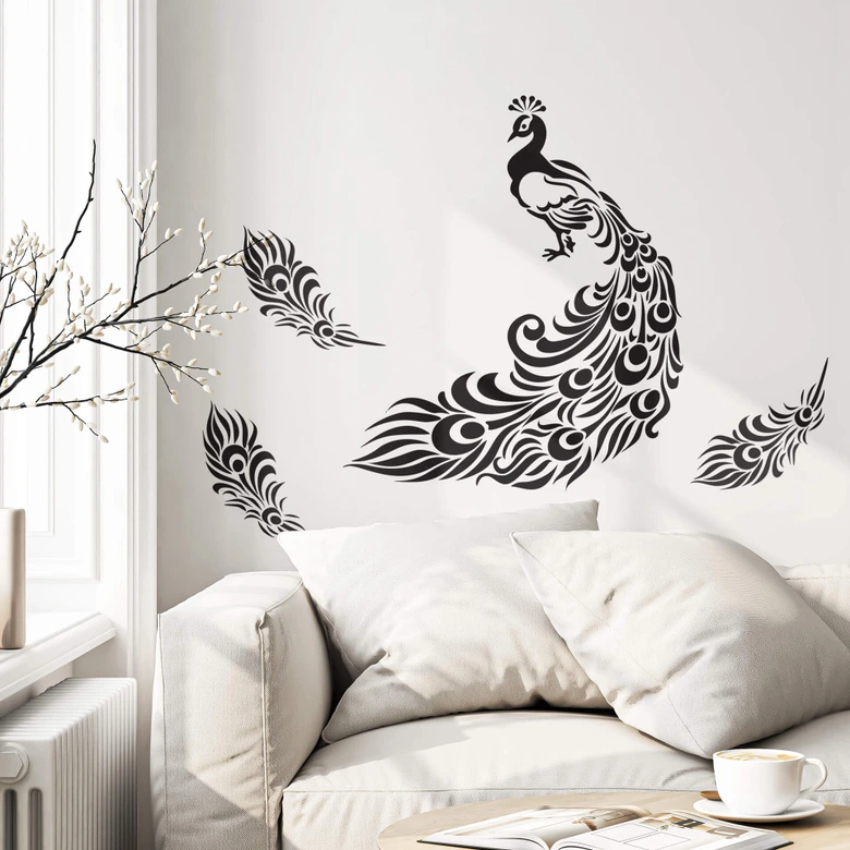 Wandtattoo Kleiner Pfau mit langem Federkleid + 3 Pfauenfedern 