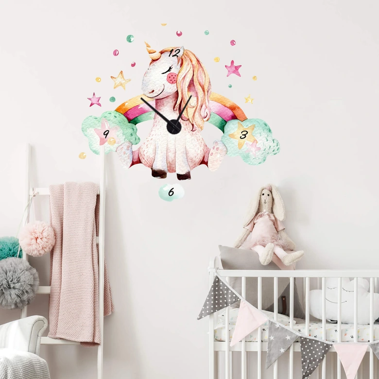 Sticker mural et horloge Kvilis - Rêve de licorne  