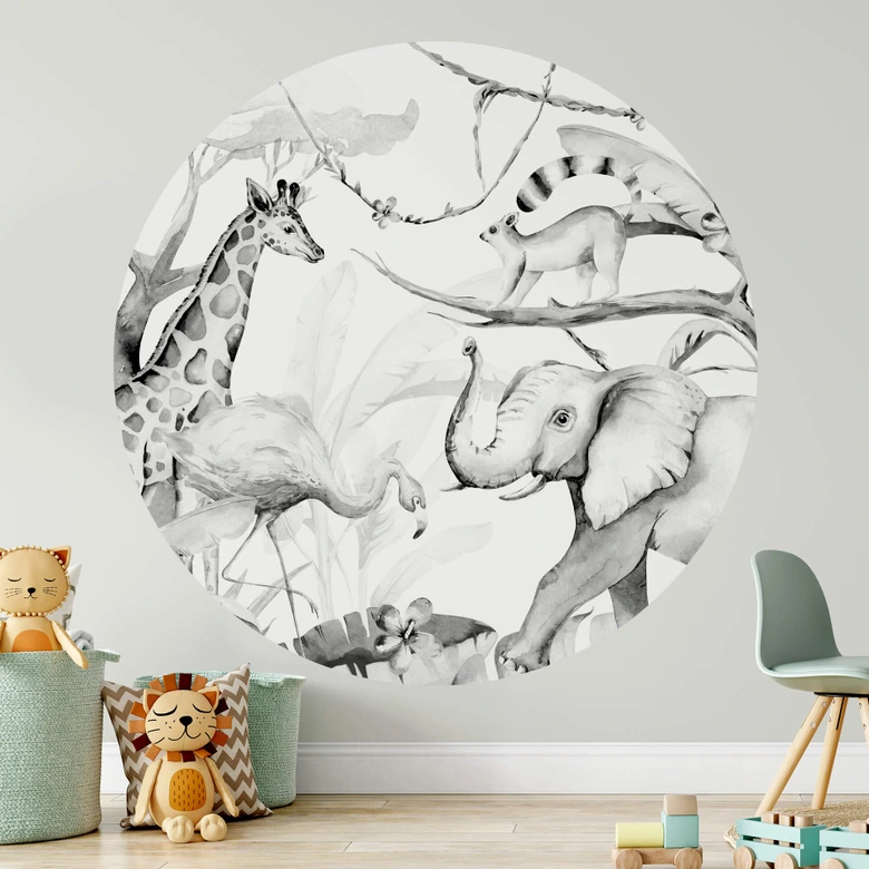 Wandtattoo Kvilis - Tierfreunde im Dschungel - schwarz-weiß - Rund 