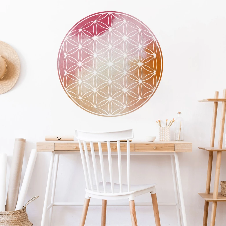Wandtattoo Lebensblume weiß im Watercolor-Kreis - Rund 