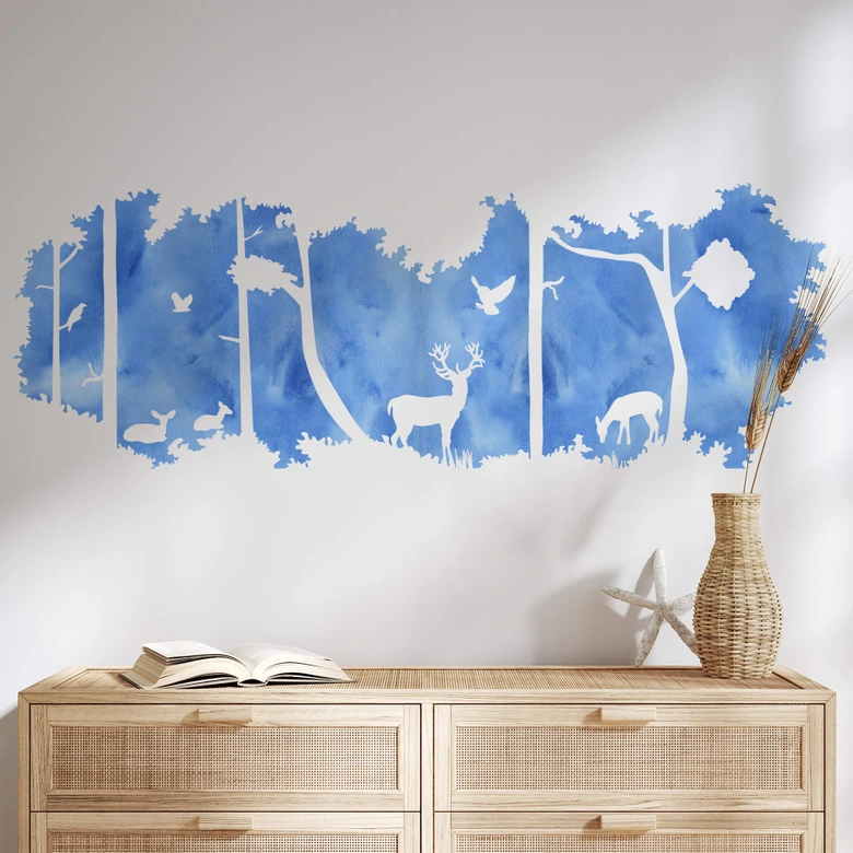 Muursticker Bos Silhouet - blauw 