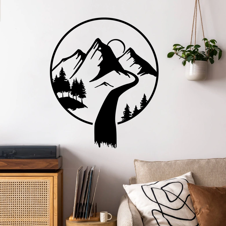 Sticker mural rond cascade dans les montagnes 