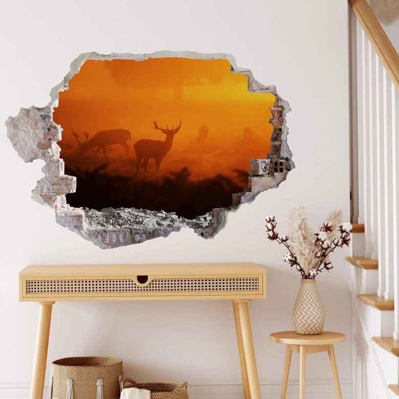 Sticker mural 3D Cerfs sous le coucher de soleil 