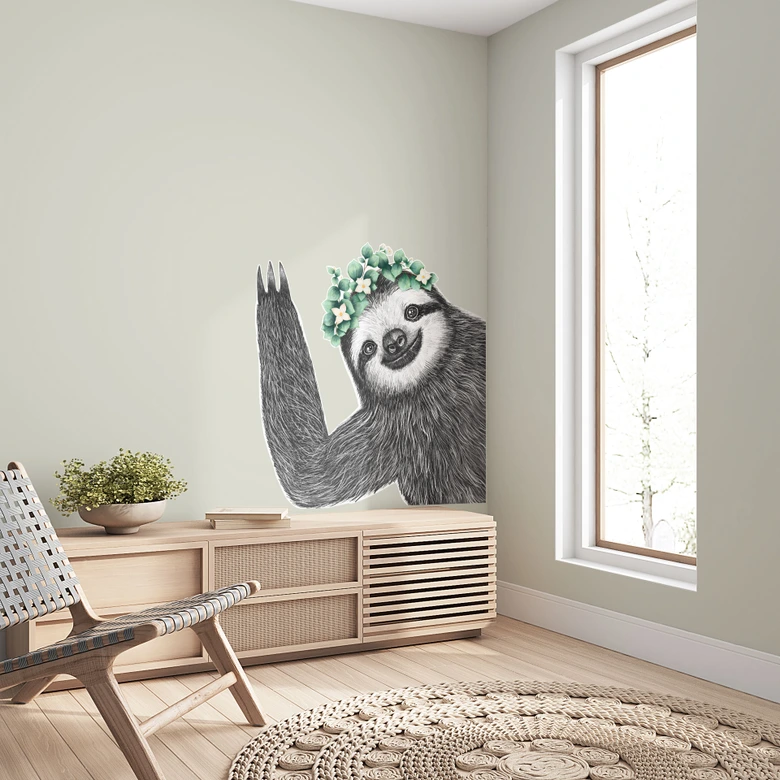Vinkende dovendyr med blomsterkrans Wallsticker - Korenkova 