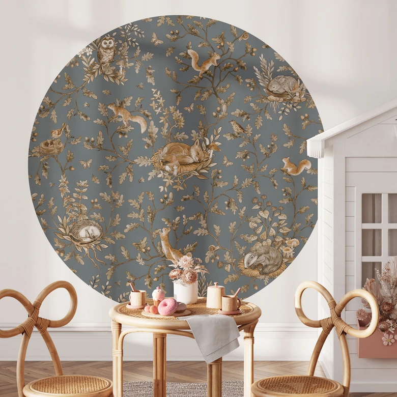 Kinderzimmer Fototapete Schlafende Waldtiere auf Zweigen - Kikki Belle - Rund - Selbstklebend/Vlies 