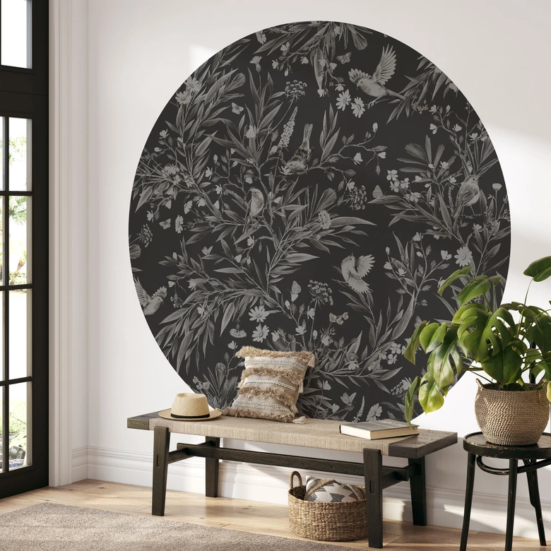 Fototapeta do pokoju dziecięcego ptaki i motyle na gałęziach - Kikki Belle - okrągła - samoprzylepna / nietkana 