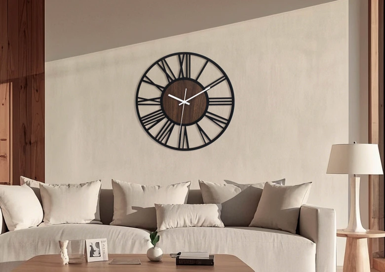 Design wall clock Wood & Steel with walnut wood look and Roman numerals Ø40 cm 