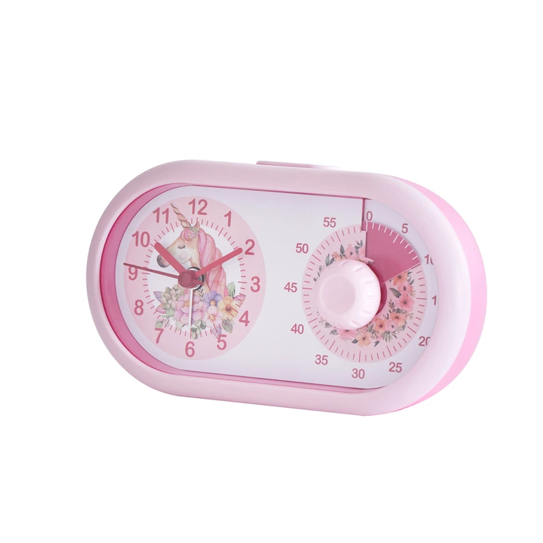 Kinderuhr Tischuhr mit Wecker und Timer-Funktion, Einhorn rosa, 16x9,5 cm 