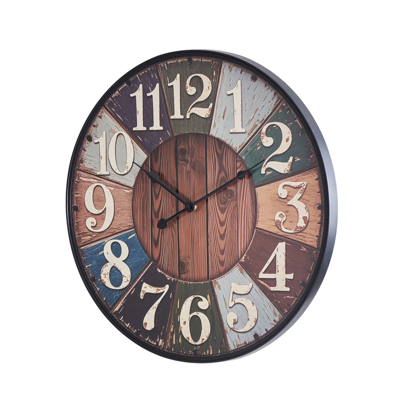 Große Vintage Wanduhr in rustikaler Holzoptik mit Patchwork-Elementen, braun/schwarz, Ø48 cm 