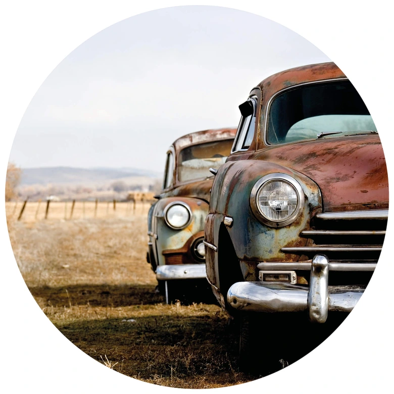 Fototapete - Old Rusted Cars - Rund - Selbstklebend/Vlies 