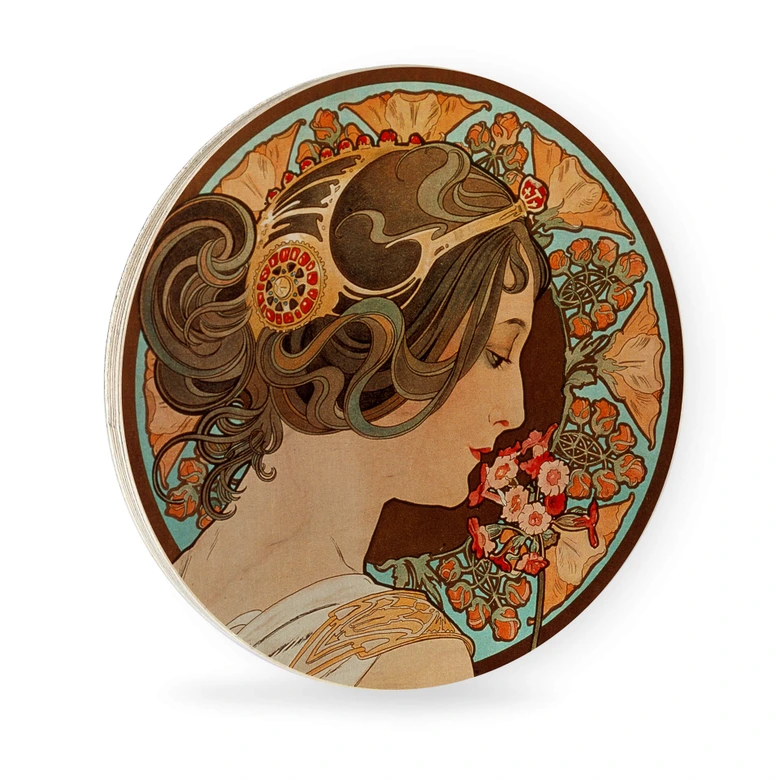 Tableau sur bois Mucha - La primevère - Rond 