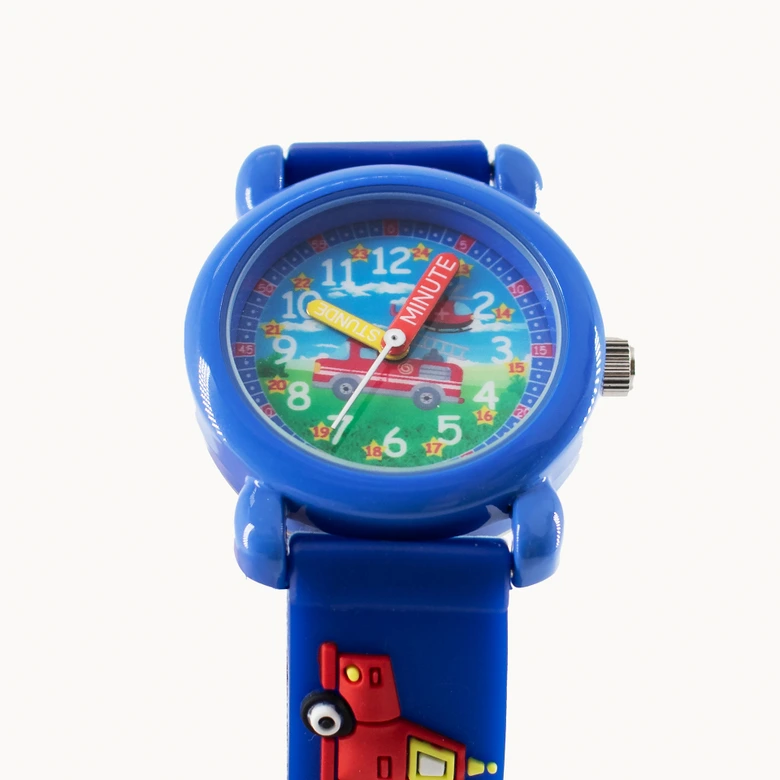 Kinder Armbanduhr - Lernuhr analog aus Silikon - Feuerwehrauto blau 
