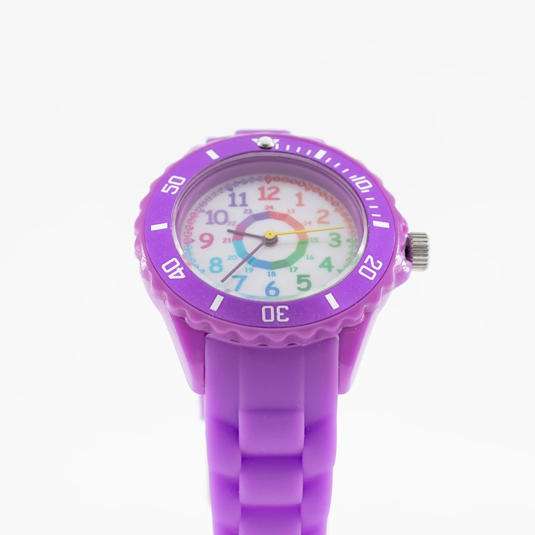 Zegarek na rękę dla dzieci - analogowy zegarek edukacyjny wykonany z silikonu - fioletowy z tęczową tarczą 