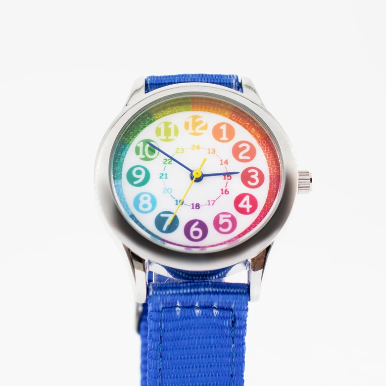 Kinder Armbanduhr - Lernuhr analog - Blau mit Regenbogen Zifferblatt 
