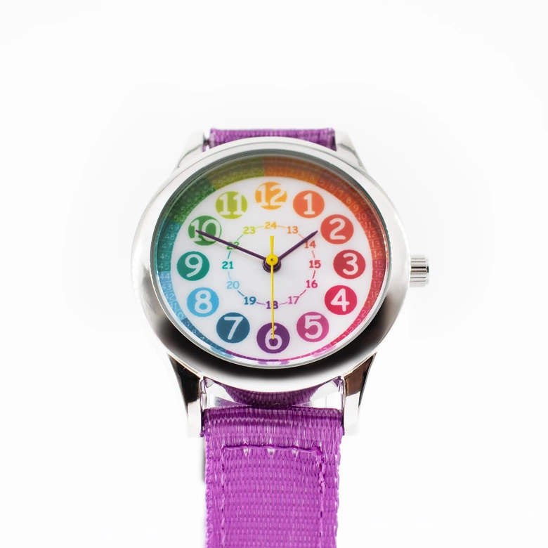 Kinder Armbanduhr - Lernuhr analog - Violett mit Regenbogen Zifferblatt 