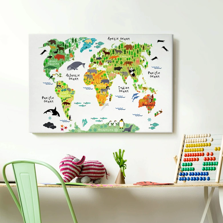 Canvas schilderij met speld achterkant - Wereldkaart van dieren 