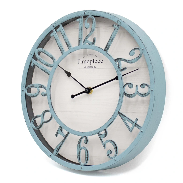 Shabby Chic Wanduhr Metall-Holz Optik in Vintage Blau Ø30cm 