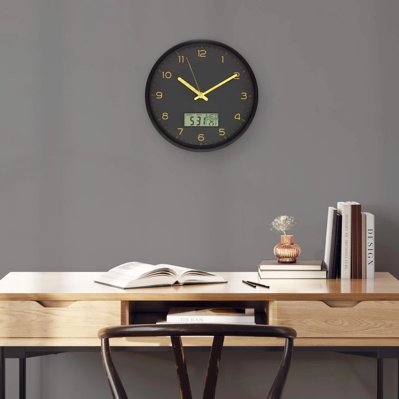 Analoge Wanduhr mit Digitalanzeige Schwarz-Gold Ø 25 cm 