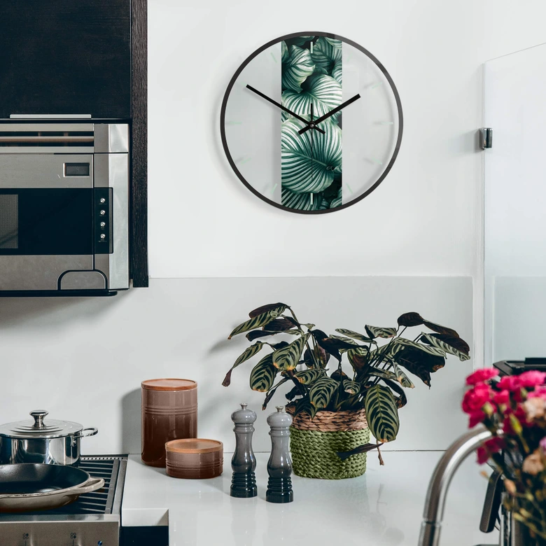 Horloge murale en verre - Urban Jungle - Calathea Orbifolia 