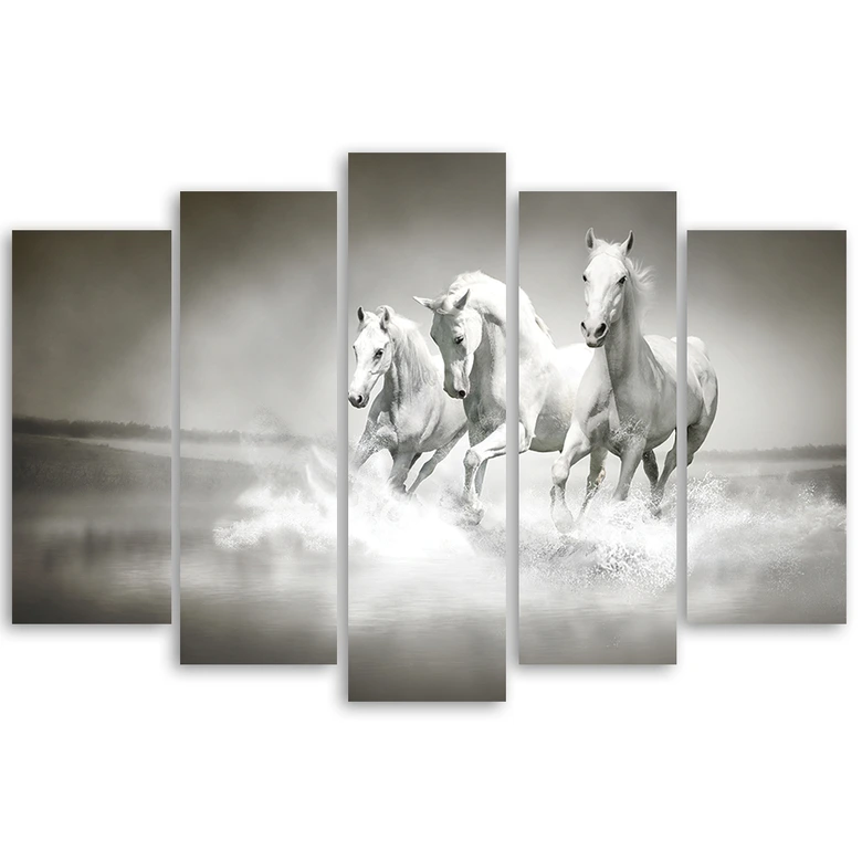 Leinwandbild 5 teilig, Galopp der weißen Pferde 