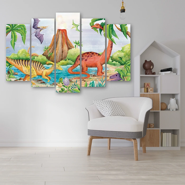 Leinwandbild 5 teilig, Dinosaurier am See 