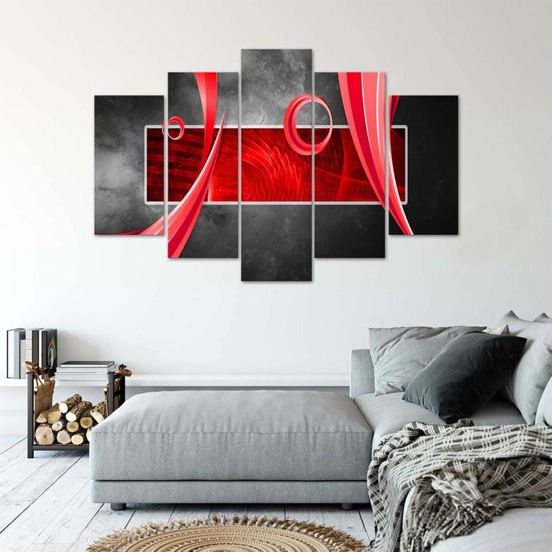 Leinwandbild 5 teilig, Abstrakt Grau Rot 