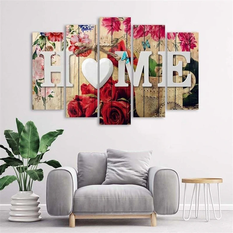 Wandbild 5-teilig, Aufschrift Home mit Rose Blumen 
