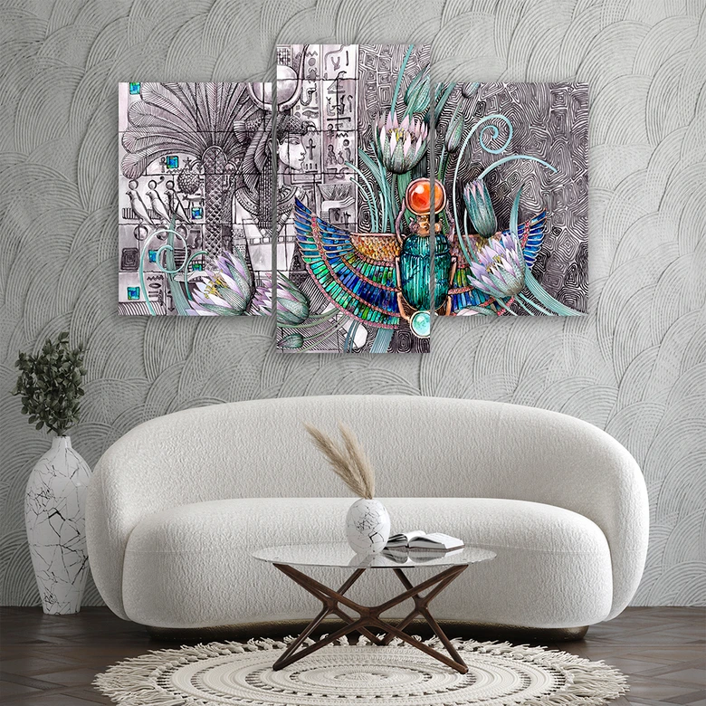 Leinwandbild 3 teilig, Ägyptische Hieroglyphen und Skarabäen 
