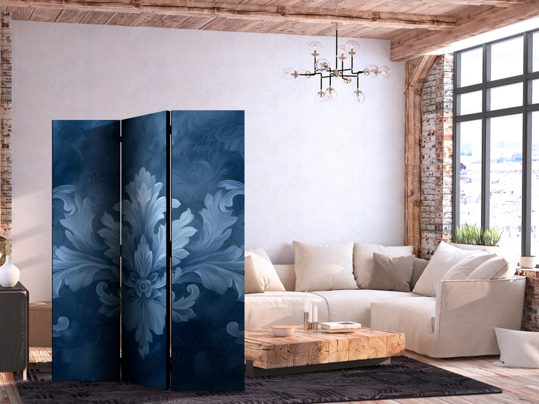 Paravent, Raumteiler freistehend, Trennwand - Ornament in Blue and Cool Colors. Dark Blue Decoration 