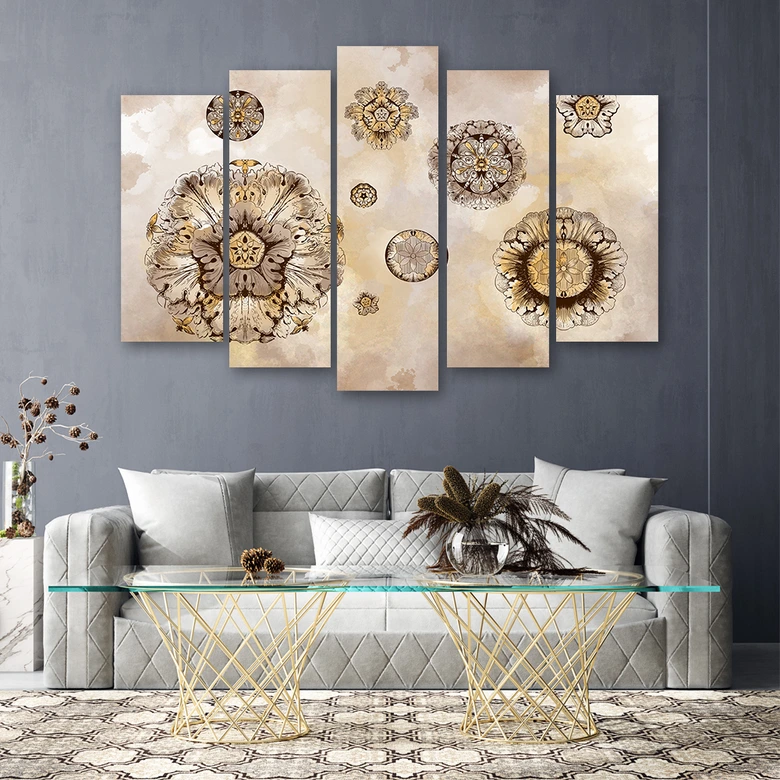 Leinwandbild 5 teilig, Florale geometrische Formen 