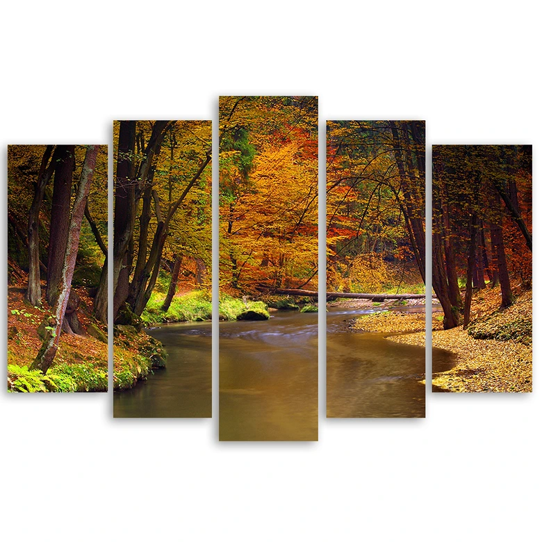 Leinwandbild 5 teilig, Herbstwald Fluss 