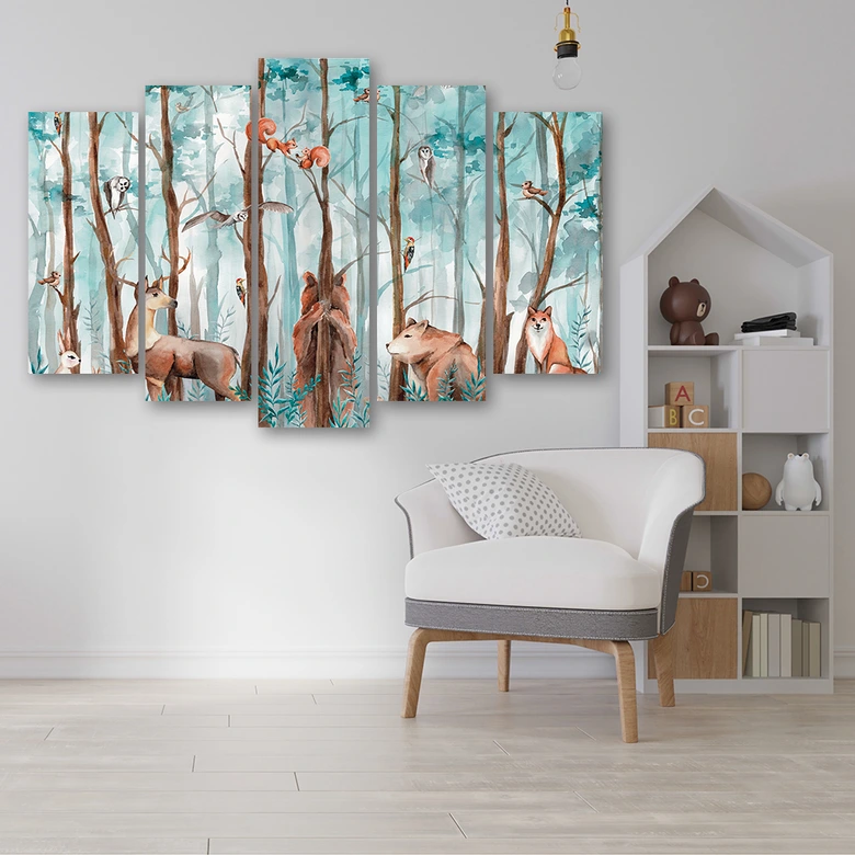 Leinwandbild 5 teilig, Waldtiere Hirschbär Fuchs 
