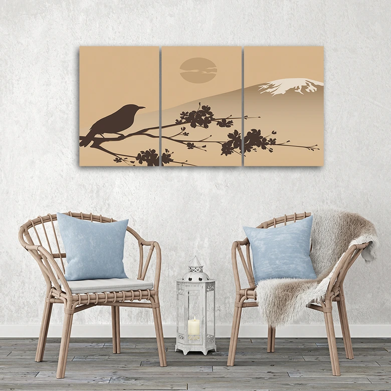 Leinwandbild 3-teilig, Japan Fuji Vogel Beige 