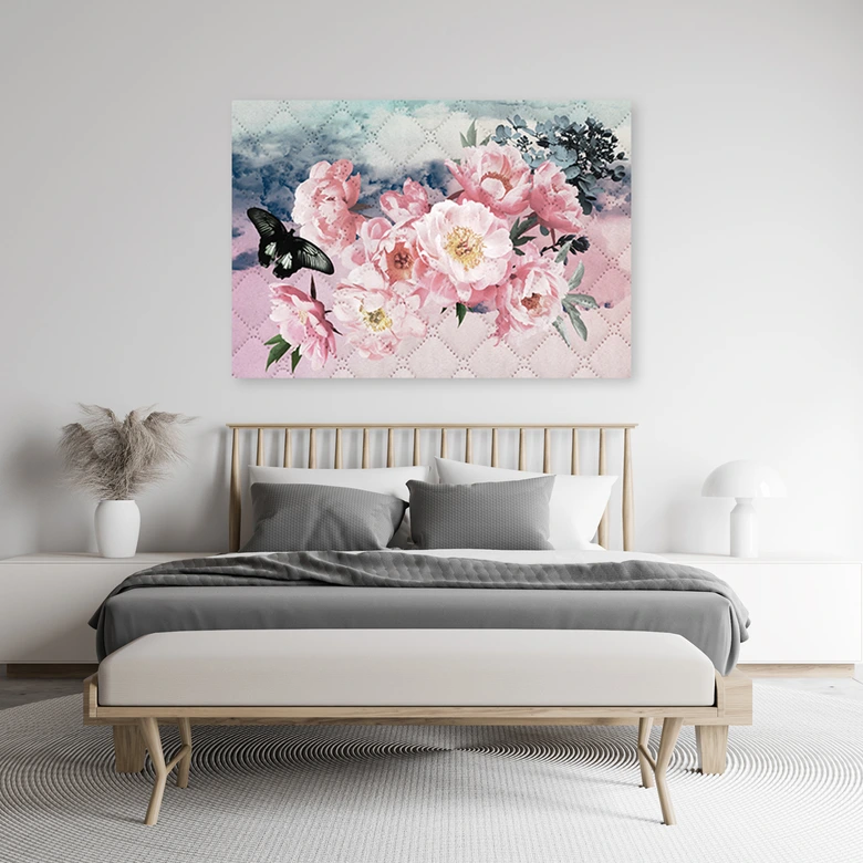 Leinwandbild, Rosa Blumen und Schmetterling 
