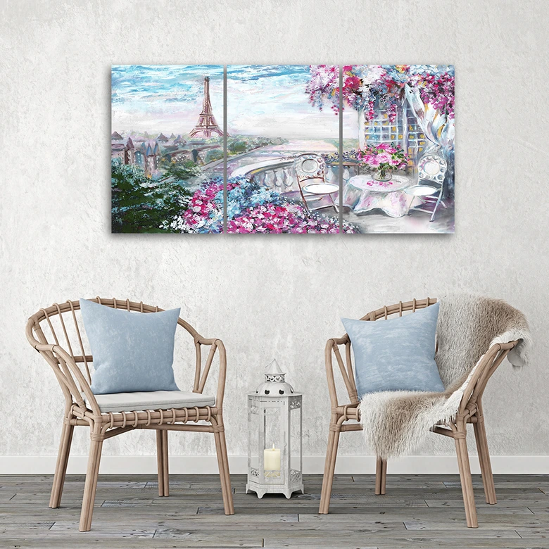 Leinwandbild 3-teilig, Paris Eiffelturm Landschaft Rosa Pastell 