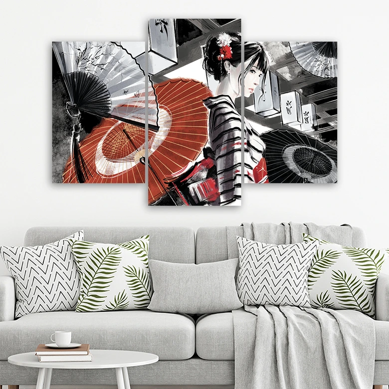 Leinwandbild 3 teilig, Geisha mit einem Fan 