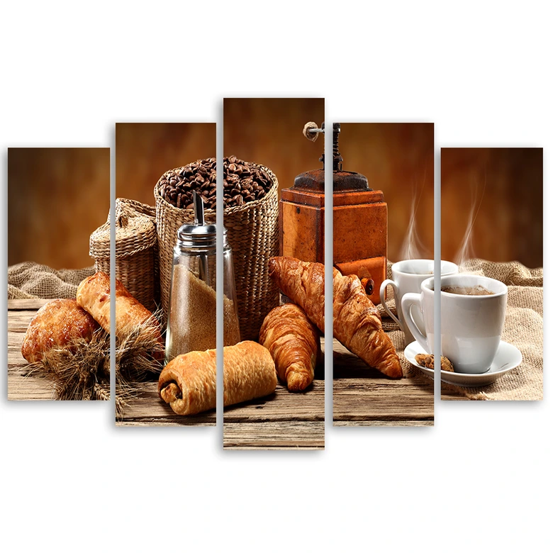 Leinwandbild 5 teilig, Kaffee und Frische Croissants 