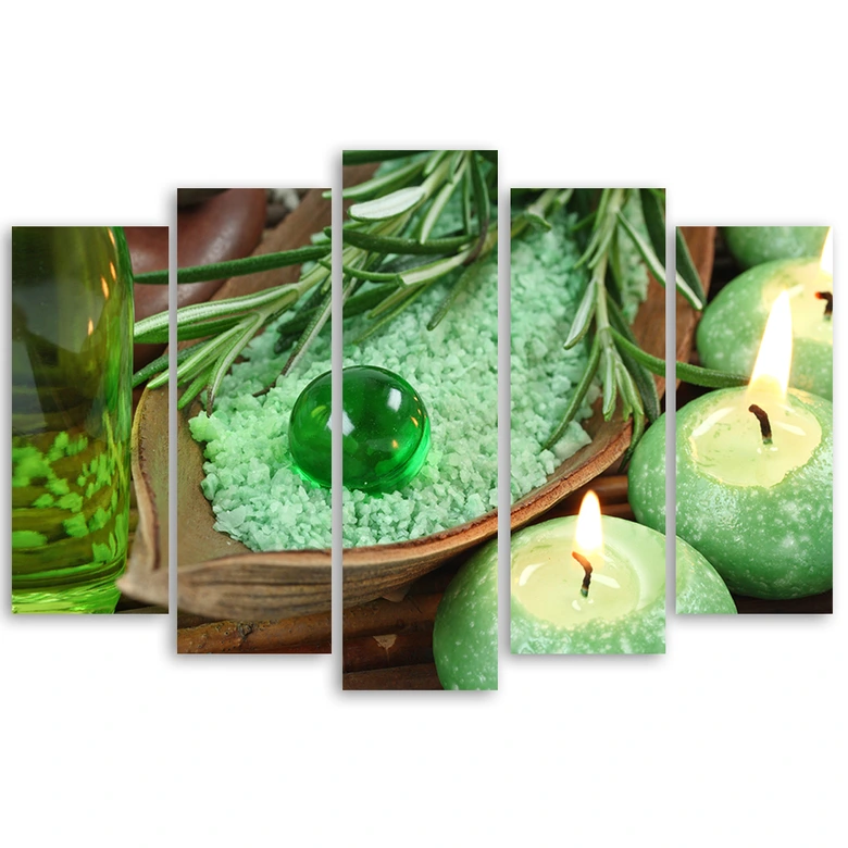 Leinwandbild 5 teilig, Grüne Zen Spa Kerze 