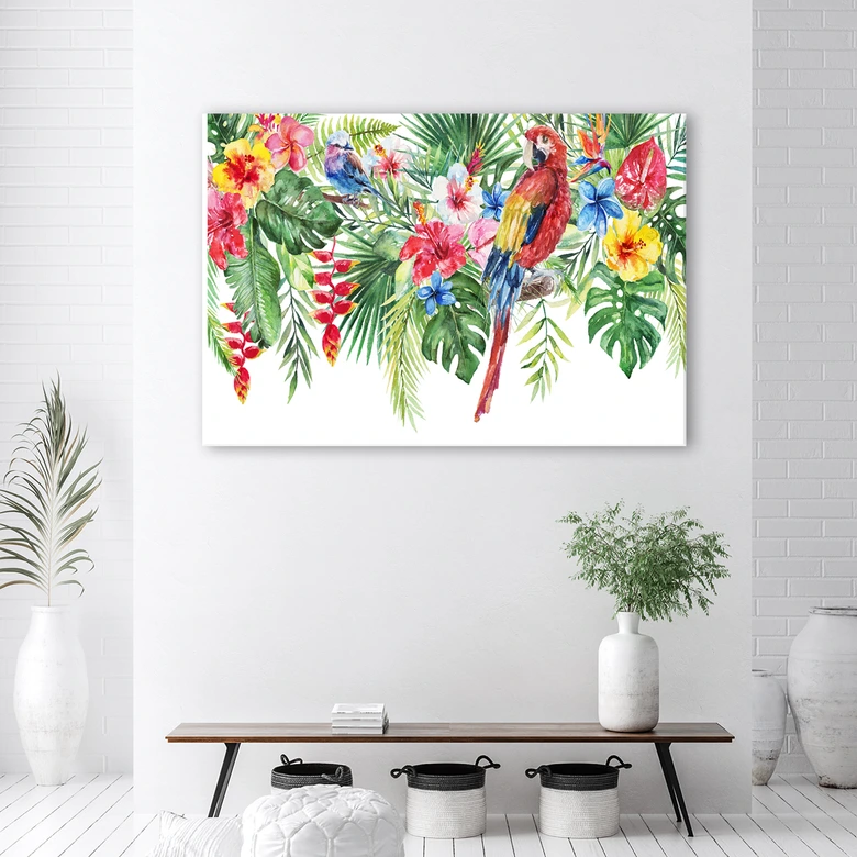 Leinwandbild, Blätter tropischer Papageienblüten 