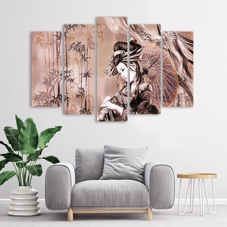 Leinwandbild 5 teilig, Geisha und Bambus 