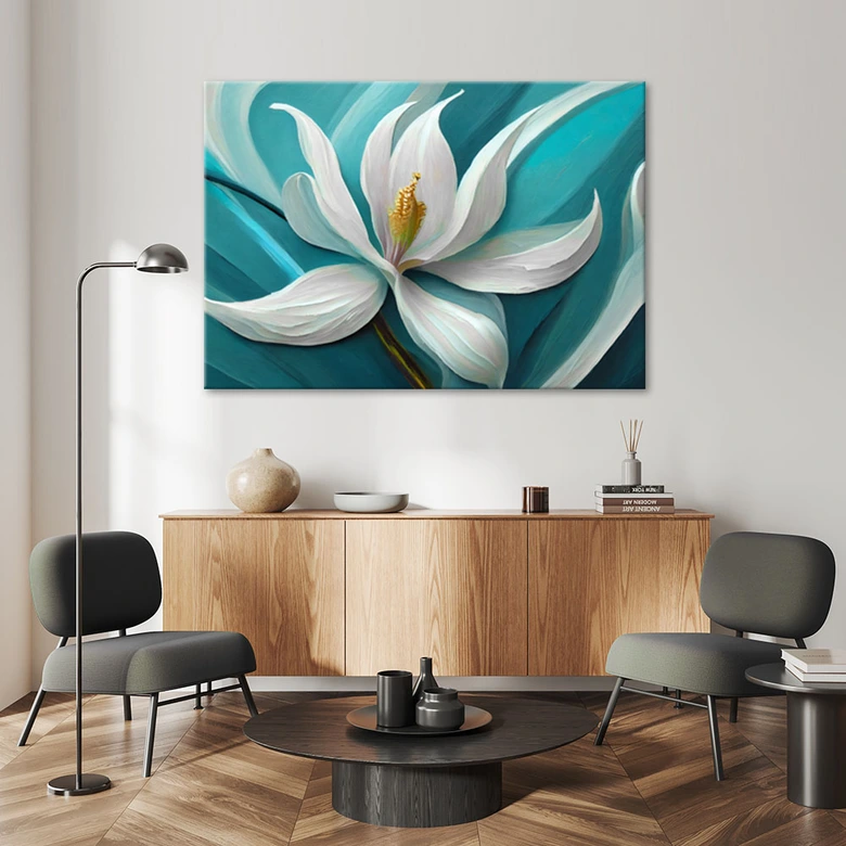 Leinwandbild, Lilie türkis Blume gemalt 