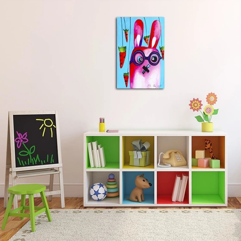 Leinwandbild, Rosa Hase mit Brille 