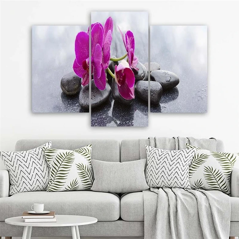 Leinwandbild 3-teilig, Orchidee Blumen Steine Lila 