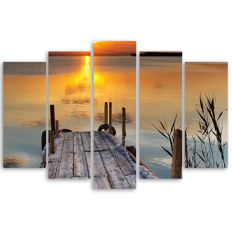 Wandbild 5-teilig, Sonnenuntergang Steg See Natur 