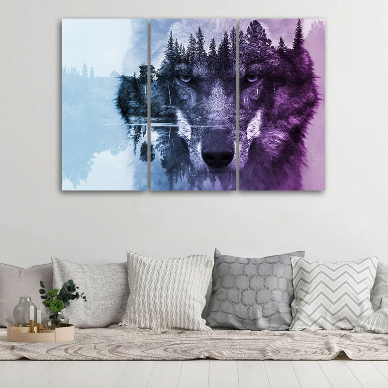 Leinwandbild 3-teilig, Wolf Tiere Wald Violett 