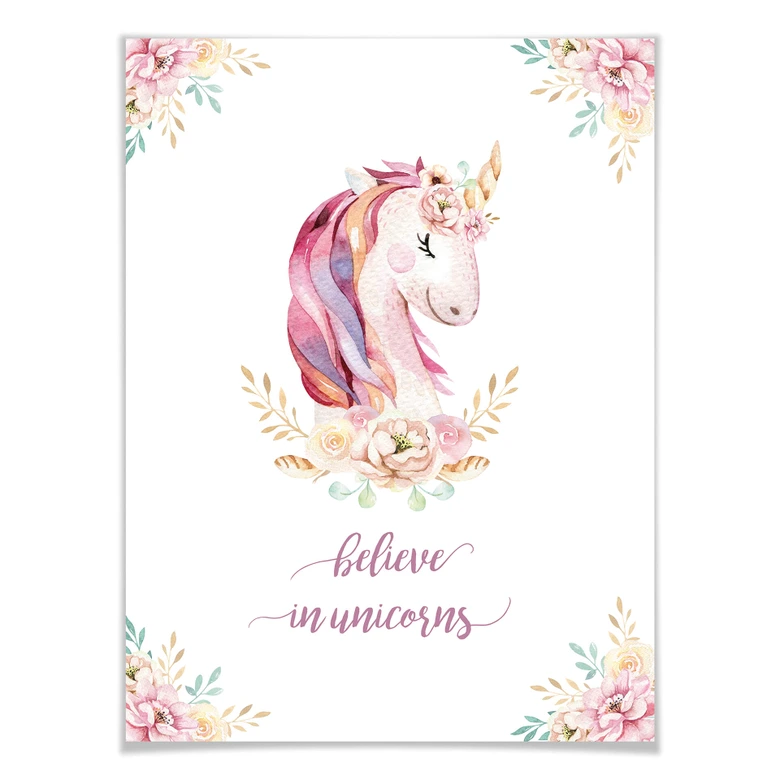 Poster Kvilis - Believe in Unicorns - Einhorn mit Blumen 