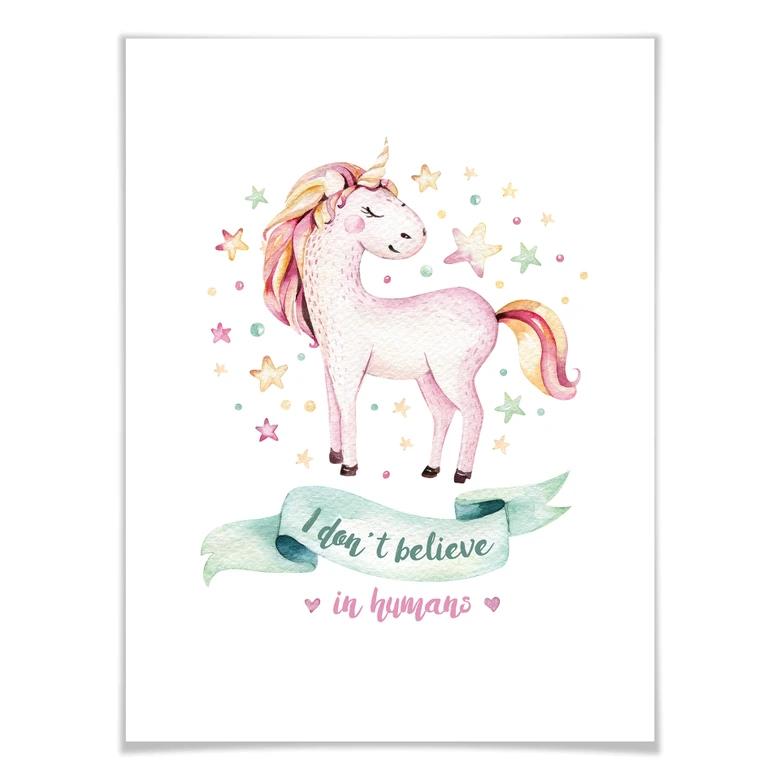 Poster Kvilis - Don't believe in humans - Einhorn inmitten der Sterne 